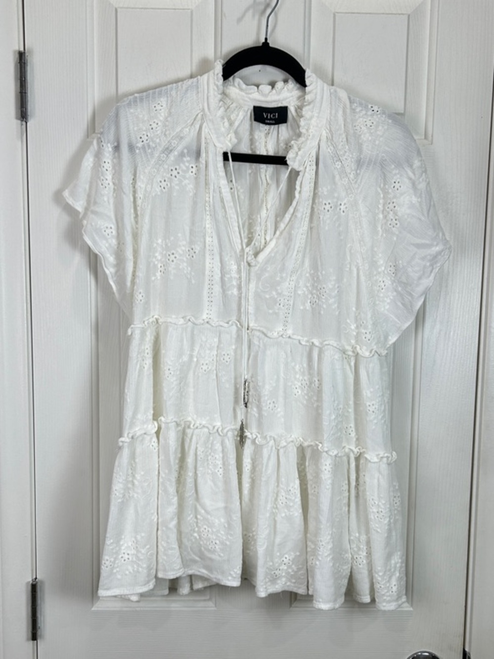 VICI White Cotton Eyelet Tiered Babydoll Mini Dress Ruffle Tie Small